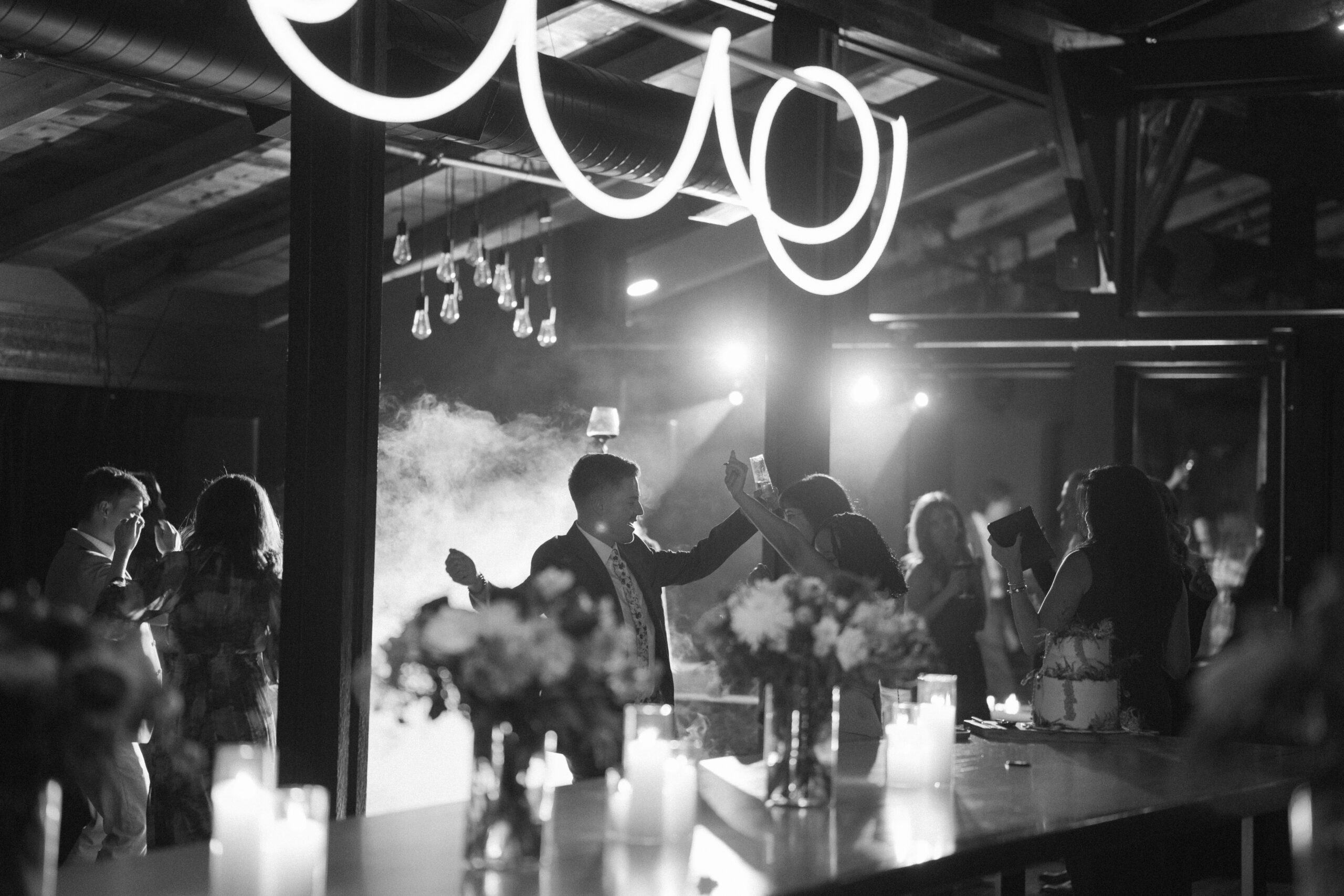 A wedding reception in full swing in the Viewer's Lounge